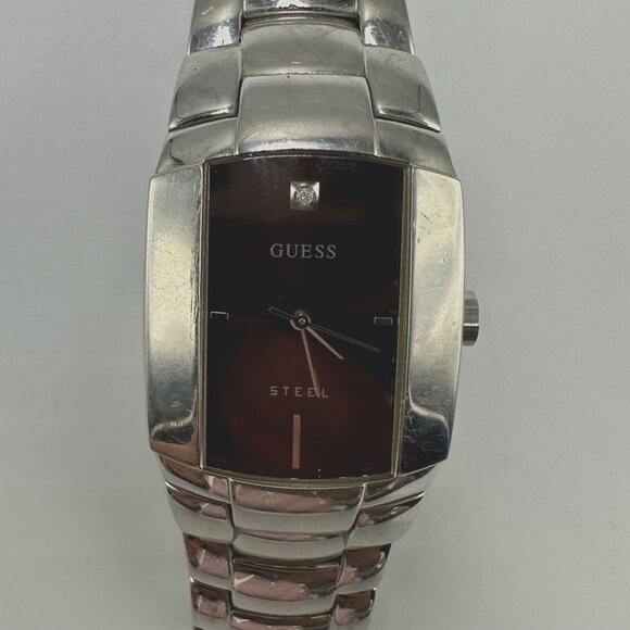 Guess Steel Watch Men Maroon Dial Barrel Case Water Resistant New Battery 7.25" - Picture 1 of 13